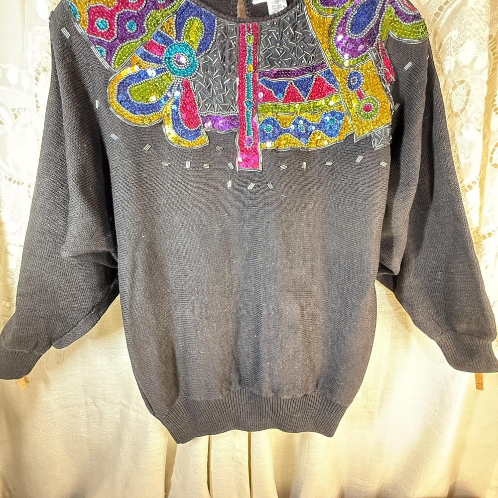 Vintage Colorful sequence Women's black Sweater by Pa international NWT size m